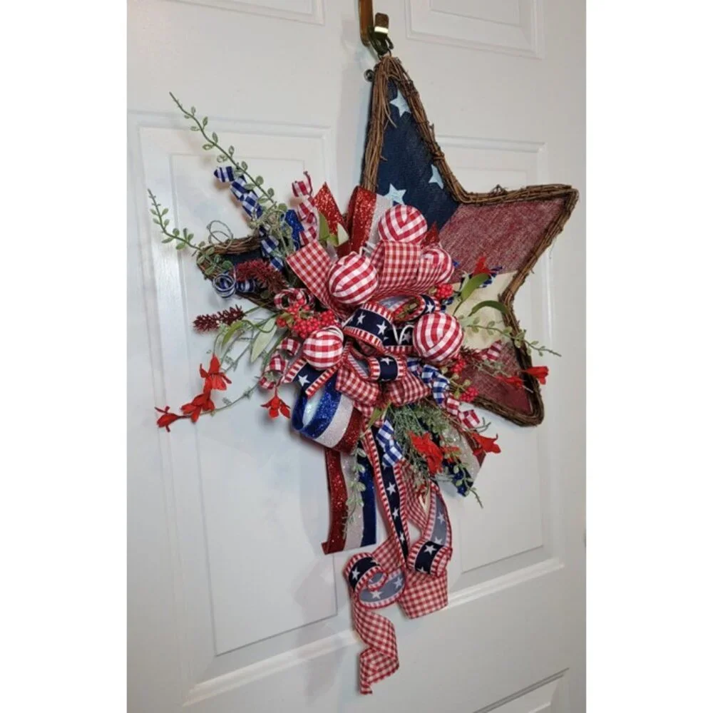 Stars / Stripes Wreath, Red White Blue Burlap Star 4th July Wreath, Hand Crafted